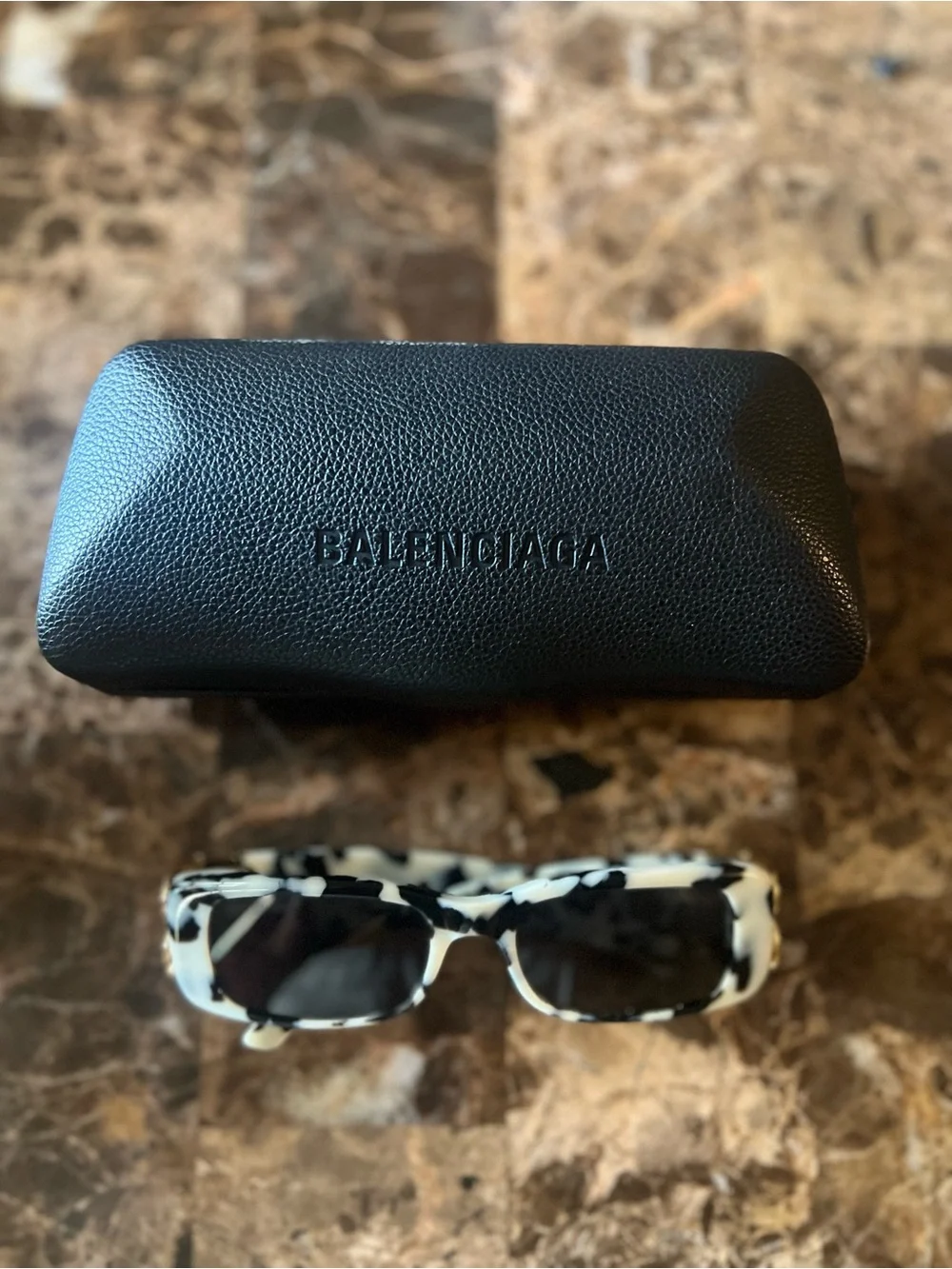 Balenciaga Black & White Tortoiseshell Logo Rectangular Sunglasses